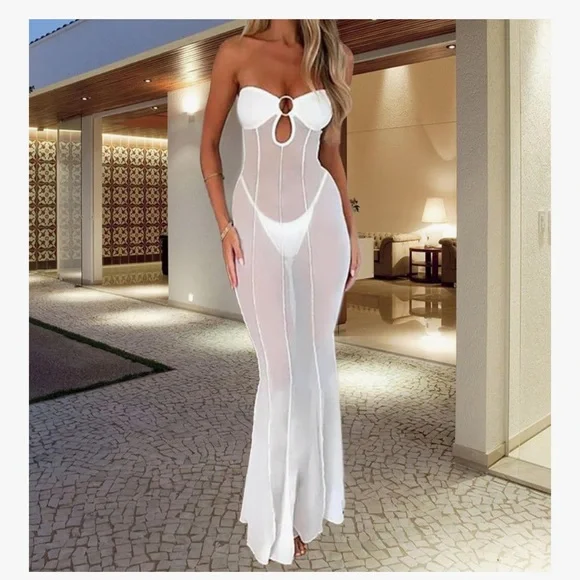 Longburgundy strapless dressduster Hollywood lingerie silhouette cover up